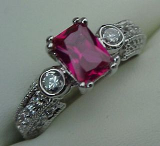 ESTATE style Emerald cut Created Ruby & Signity CZ Wedding Ring Sz7