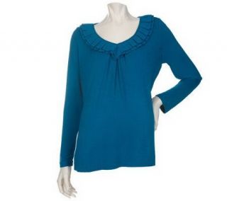 Dialogue Long Sleeve V neck Knit Top w/ Georgette Ruffle Trim