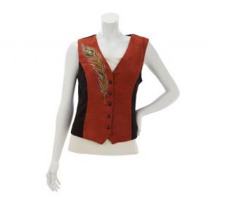 Bob Mackies Peacock Plume Embroidered Faux Suede and Moleskin Vest