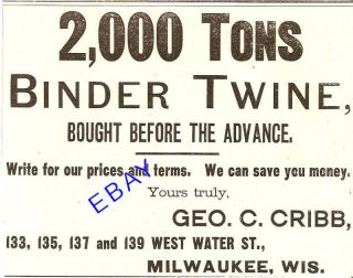 1890 George Cribb Binder Twine Ad Milwaukee Wisconsin