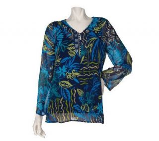 Susan Graver Print Top with Keyhole Detail and Solid Tank —