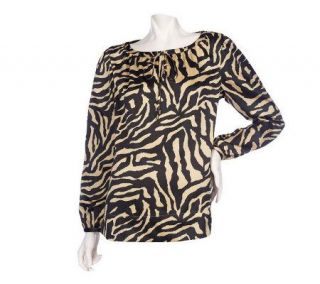 Dennis Basso Printed Stretch Charmeuse Top with Keyhole Detail