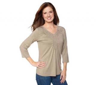 Susan Graver Stretch Knit V neck Top with Braided Smocking Detail 