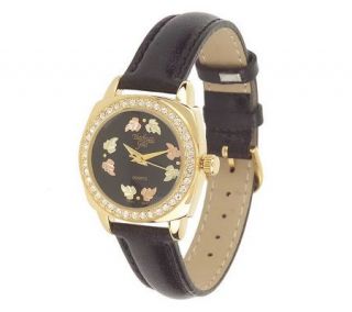 Black Hills Crystal Accent Leather Strap Goldtone Watch —