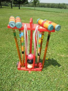 Vintage Old Red Croquet Set Great Condition with Original Stand