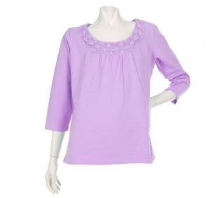 Denim & Co. 3/4 Sleeve Stretch T shirt w/Lace Trim & Pintuck Detail 