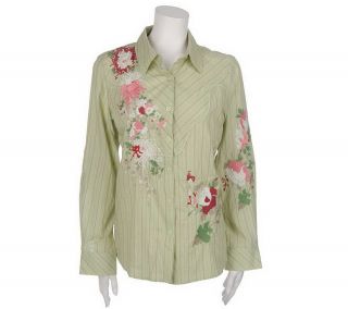 Susan Graver Embroidered Button Down Shirt with Stretch Shell
