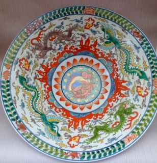 Huge Chinese Famille Verte Crackle Glaze Bowl 17 Diameter