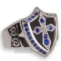 Mens Silver Sapphire Crystal Cross Noble Knight Stainless Steel Ring