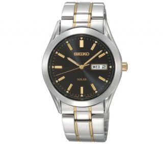 Seiko Mens Solar Two Tone Watch with Black Dial —