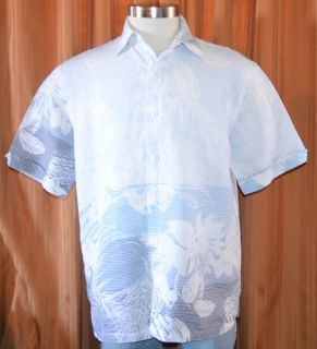 Cubavera Short Sleeve Light Blue White Linen Rayon Hawaiian Shirt Mens