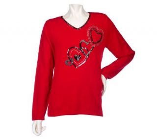 Quacker Factory Midnight Love Heart Embellished V Neck Sweater 