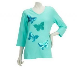 Quacker Factory Glitter & Shine 3/4 Sleeve T shirt   A224396