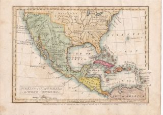 United States Mexico West Indies Cuba Guatemala 1833 Map Hand Colored