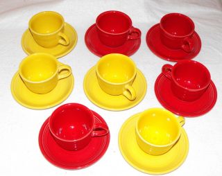  Homer Laughlin Scarlet Red & Yellow Coffee/Tea Cups Saucers UNUSED