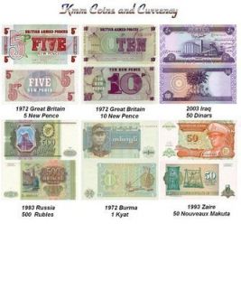 World Currency Set Russia Burma Zaire Britain 6 Notes