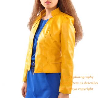 Cropped Length Yellow High Cut Notched Neckline Faux Leather Biker