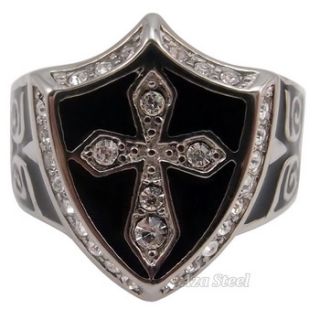 Mens Silver Black Crystal Cross Noble Knight Stainless Steel Ring