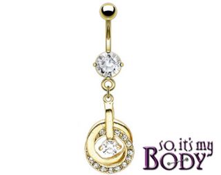 14kt GOLD PLATED ENTWINED CIRCLES DANGLE BELLY RING CZ GEMS 14g
