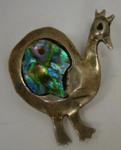  925 STERLING SILVER PIN BROOCH TAXCO MEXICO ROOSTER ABALONE 3.13G DAG