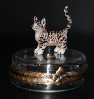 Limoges Tiger Cat Standing on Crystal Trinket Box