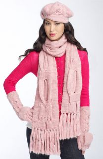 Juicy Couture Luxe Cable Knit Newsboy Hat, Scarf & Pop Top Gloves