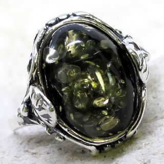CHARMING NATURAL GREEN BALTIC AMBER 925 STERLING SILVER RING SIZE 5
