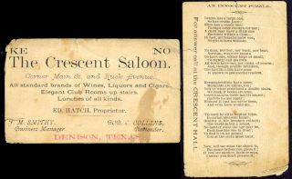RARE Crescent Saloon Trade Card with Suggestive Poem Puzzle Denison TX