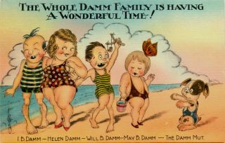 Walter Wellman Comic 1940s Damm Family at Beach Vintage Linen Postcard
