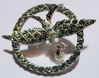 Pilgrim Danish Design Green Bird in Circle Brooch Real Pearl Crystal