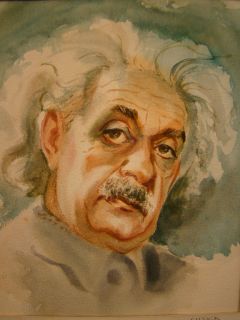 Vintage Albert Einstein Scientist Portrait Old Watercolor Folk Art