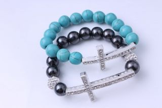 Turquoise and Hematite Bracelets Cross with Crystal Beads 2DESIGNES