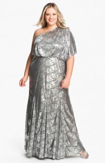 Adrianna Papell One Shoulder Foil Finish Gown (Plus)