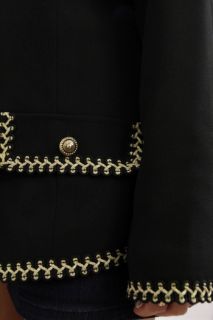 Vintage Coco Military Black Gold Rope Trim Boxy Collarless Suit Jacket