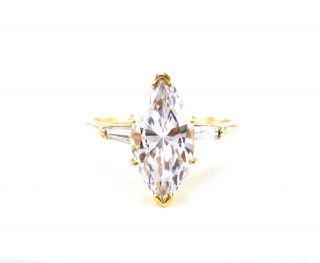  Gold Solitaire 2 Carat Marquies and Baguettes CZ Engagement Ring