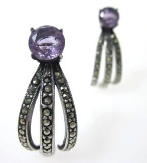 Designer Silver Marcasite Purple Crystal Drop Earrings