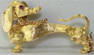  Vintage 18K Gold Ruby Dachshund Dog Pin Italy