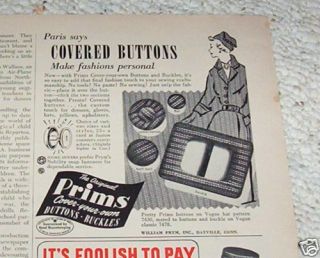 1951 Prims Buttons Sewing Prym Dayville Ct Vintage Ad