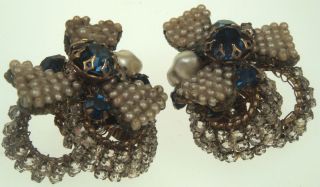 Antique Vintage Demario de Mario Rhinestone Pearl Sapphire Earrings