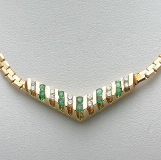  Emerald and Diamond V Necklace Channel Set May Birthstone