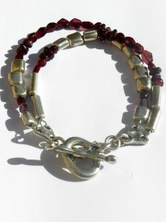 Silver Plated 925 Sterling Pewter Red Bordeaux Agate Stone Bracelet