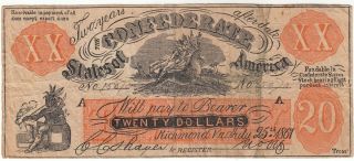 1861 Confederate CSA $20 Note Female Riding Deer