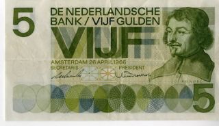 Netherlands Paper Money 1966 5 Gulden Note VF XF
