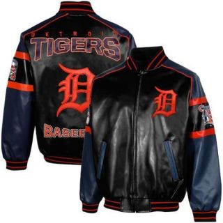 Detroit Tigers Post Game Pleather Jacket Black Navy Blue