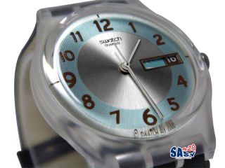 Swatch GE704 Blue Conker Brown Leather Strap Day and Date Window