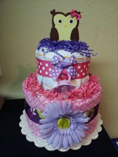 Pink & Purple OWL 2 tier diaper cake baby shower decoration