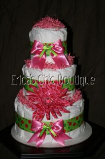 Hot Pink Lime Green Daisy Baby Girl Diaper Cake Gift