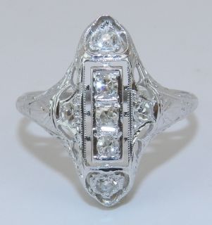 Antique Art Deco 18K White Gold Diamond Filigree Ring Circa 1920s Size