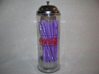  Coca Cola Coke Straw Dispenser Glass Jar w Metal Top and Straw Holder