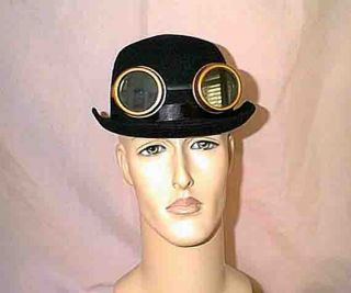 Steampunk Edwardian Black Felt Derby Hat w Brown Copper Goggles